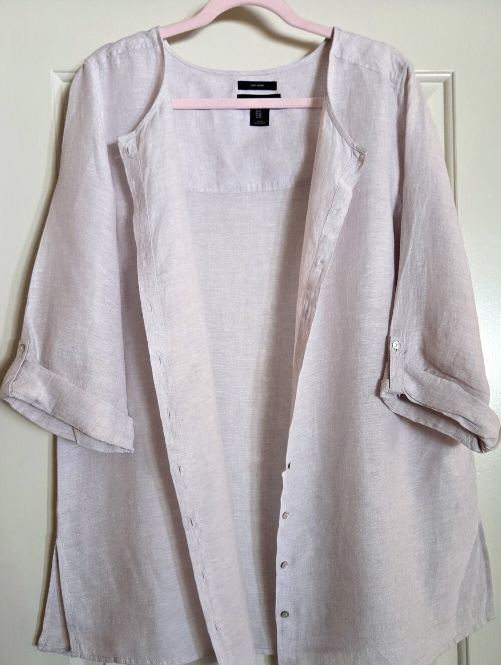 Tahari Tan Linen Button-Down Duster